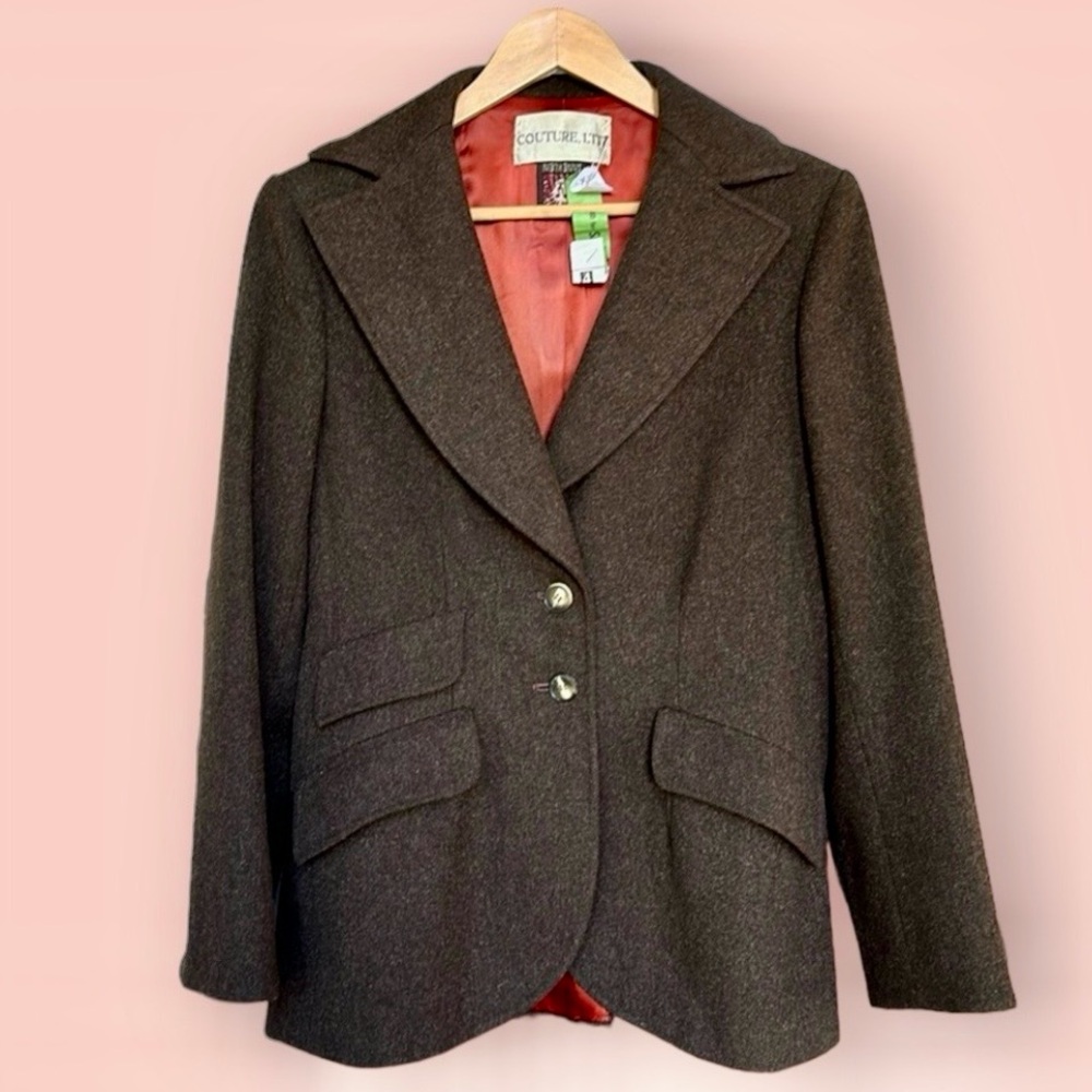 Vintage Anne Klein Brown Tweed Wool Equestrian Blazer Red Lining Size 12